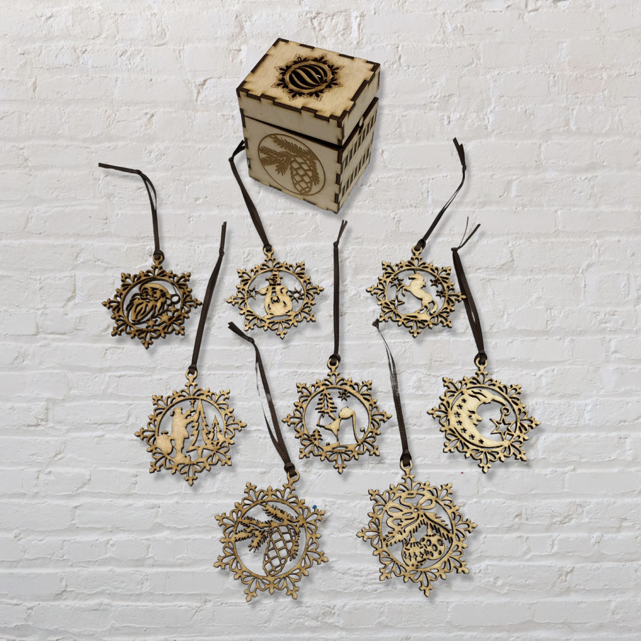 Decorative Christmas Box with eight holiday ornaments